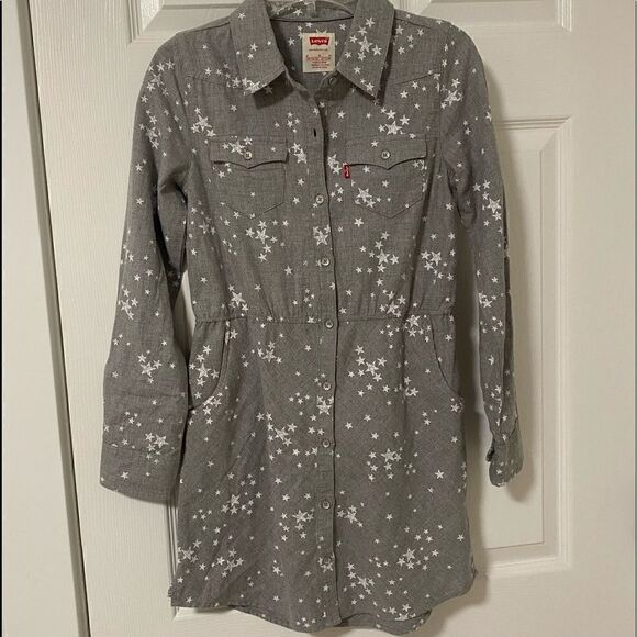 Levi’s Girls Shirt Dress Long Sleeve Gray Printed Stars Size M Youth (10-12) EUC - Picture 1 of 12